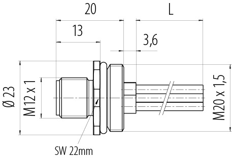 Dibujo a escala M12 Enchufe de brida, Número de contactos: 4, sin blindaje, hilos, IP68, UL 2238, M20x1,5, Montaje frontal, moldeado
