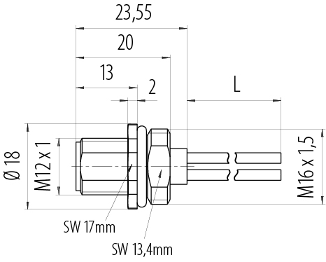 Dibujo a escala M12 Enchufe de brida, Número de contactos: 4, sin blindaje, hilos, IP68, UL 2238, M16x1,5, Montaje frontal
