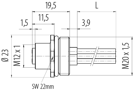 Dessin coté M12 Embase femelle, Contacts: 4, non blindé, fils, IP68, UL 2238, M20x1,5, Montage frontal, coulé