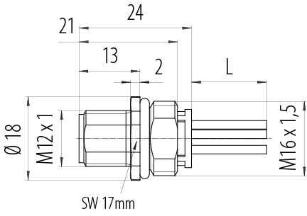 Dibujo a escala M12 Enchufe de brida, Número de contactos: 5, sin blindaje, hilos, IP68, UL 2238, M16x1,5, Montaje frontal