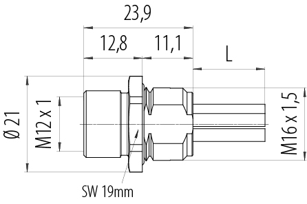 Dessin coté M12 Embase femelle, Contacts: 4+FE, non blindé, fils, IP68, M16x1,5, Montage frontal, UL 2237 en préparation