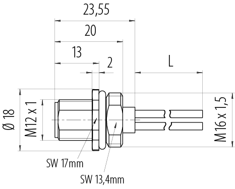 Dessin coté M12 Embase mâle, Contacts: 3, non blindé, fils, IP68, UL 2238, M16x1,5, Montage frontal, coulé
