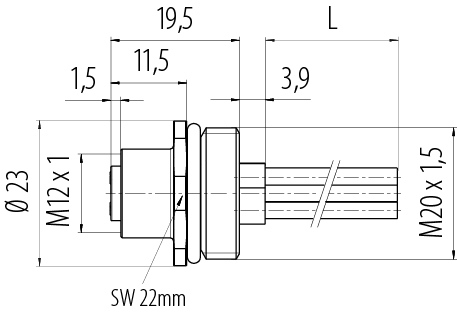Dessin coté M12 Embase femelle, Contacts: 4, non blindé, fils, IP68, UL 2238, M20x1,5, Montage frontal, coulé