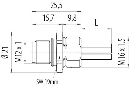 Dibujo a escala M12 Enchufe de brida, Número de contactos: 4+PE, sin blindaje, hilos, IP68, M16x1,5, Montaje frontal, UL 2237 en preparación, moldeado