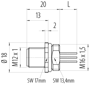 Scale drawing M12 Male panel mount connector, Contacts: 4, unshielded, single wires, IP67, UL 2238, M16x1.5, Front mounting