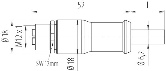 Scale drawing M12 Female cable connector, Contacts: 8, shielded, moulded on the cable, IP67, M12x1.0, E-beam X-FRNCL/LSNH, blue, 5 m