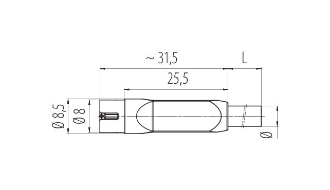 Scale drawing Snap-In Male cable connector, Contacts: 4, unshielded, moulded on the cable, IP40, PVC, black, 4 x 0.25 mm², 2 m