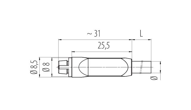 Scale drawing Snap-In Female cable connector, Contacts: 3, unshielded, moulded on the cable, IP40, PVC, black, 3 x 0.25 mm², 5 m