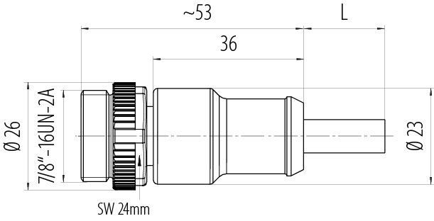 Dessin coté 7/8" Connecteur mâle, Contacts: 3, non blindé, surmoulé sur le câble, IP68, UL 2238, PUR, noir, 3 x 1,50 mm², 5 m