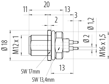 Dibujo a escala M12 Enchufe de brida, Número de contactos: 4, sin blindaje, THT, IP68, UL 2238, M16x1,5, Montaje frontal