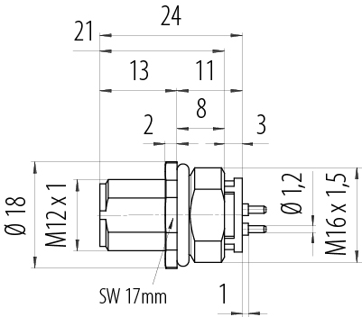 Dibujo a escala M12 Enchufe de brida, Número de contactos: 4, sin blindaje, THR, IP68, UL 2238, M16x1,5, Montaje frontal