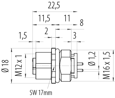 Dibujo a escala M12 Toma de brida, Número de contactos: 4, sin blindaje, THR, IP68, UL 2238, M16x1,5, Montaje frontal