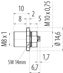 Scale drawing M8 Female panel mount connector, Contacts: 3, solder, IP67/IP69K, M10x0.75, Front mounting, with solder cups