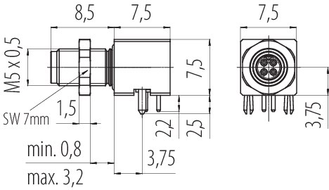 Dibujo a escala M5 Enchufe de ángulo brida, Número de contactos: 4, blindable, soldadura, IP68, UL 2238, Montaje en pared, moldeado
