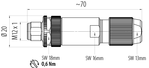 Scale drawing M12 Male cable connector, Contacts: 4, 5.0-8.0 mm, shieldable, crimping (Crimp contacts must be ordered separately), IP67, UL 2238