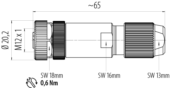 Dessin coté M12 Connecteur femelle, Contacts: 4, 5,0-8,0 mm, blindable, sertir (Les contacts à sertir doivent être commandés séparément), IP67, UL 2238