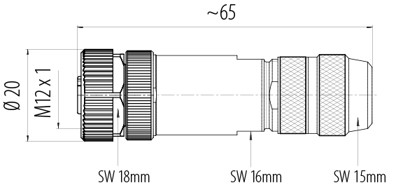 Dessin coté M12 Connecteur femelle, Contacts: 5, 8,0-9,0 mm, blindable, pince à visser, IP67, UL 2238, ressort à iris
