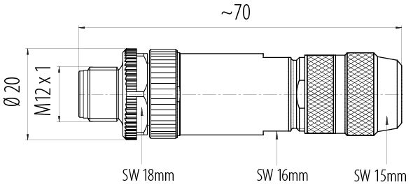 Scale drawing M12 Male cable connector, Contacts: 5, 8.0-9.0 mm, shieldable, screw clamp, IP67, UL 2238, iris spring