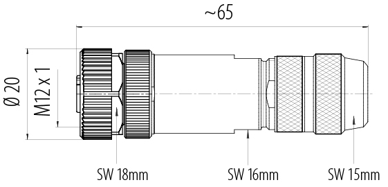 Dessin coté M12 Connecteur femelle, Contacts: 8, 8,0-9,0 mm, blindable, pince à visser, IP67, UL 2238, ressort à iris