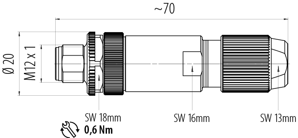 Dibujo a escala M12 Conector de cable macho, Número de contactos: 5, 5,0-8,0 mm, blindable, abrazadera de alambre, IP67, Pluma de iris
