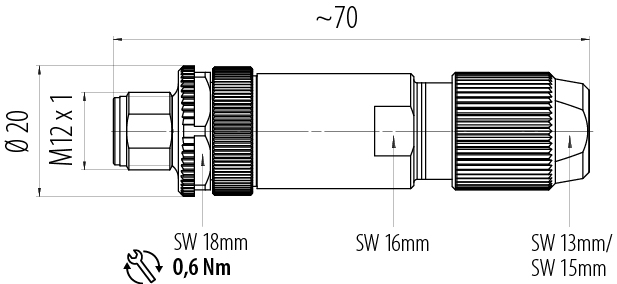 Scale drawing M12 Male cable connector, Contacts: 5, 5.0-8.0 mm, shieldable, wire clamp, IP67, iris spring