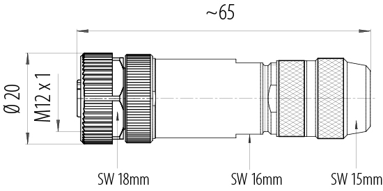 Dessin coté M12 Connecteur femelle, Contacts: 4, 8,0-9,0 mm, blindable, pince à visser, IP67, UL 2238, ressort à iris