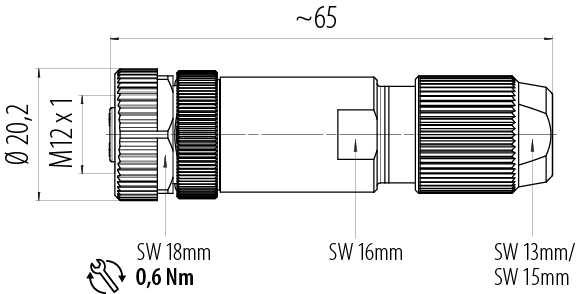 Dibujo a escala M12 Conector de cable hembra, Número de contactos: 4, 5,0-8,0 mm, blindable, tornillo extraíble, IP67, UL 2238, Pluma de iris