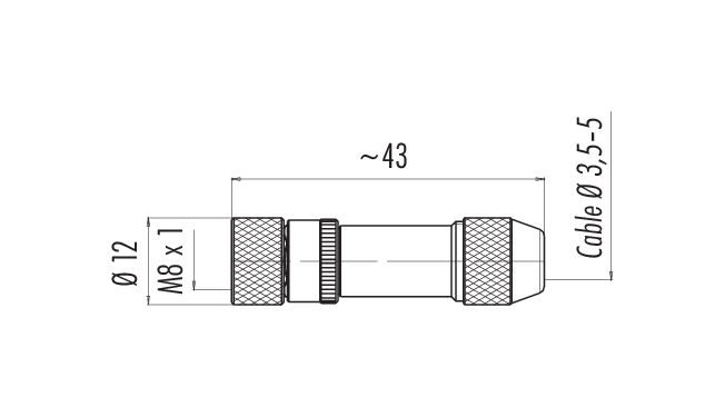Scale drawing M8 Female cable connector, Contacts: 4, 3.5-5.0 mm, shieldable, solder, IP67, UL 2238