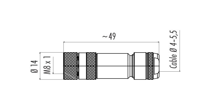 Scale drawing M8 Female cable connector, Contacts: 4, 4.0-5.5 mm, shieldable, screw clamp, IP67, UL 2238, iris spring