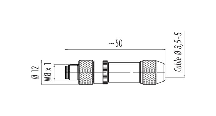 Scale drawing M8 Male cable connector, Contacts: 4, 3.5-5.0 mm, shieldable, solder, IP67, UL 2238