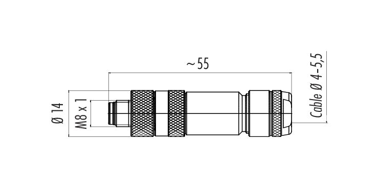 Scale drawing M8 Male cable connector, Contacts: 3, 4.0-5.5 mm, shieldable, screw clamp, IP67, UL 2238, iris spring
