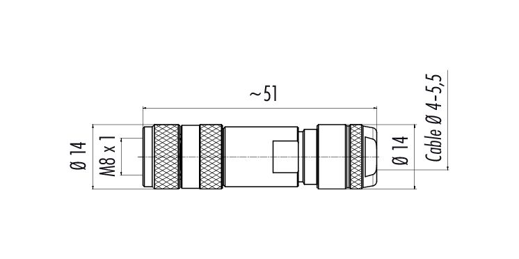 Scale drawing M8 Female cable connector, Contacts: 4, 4.0-5.5 mm, shieldable, screw clamp, IP67, M8x1.0, iris spring