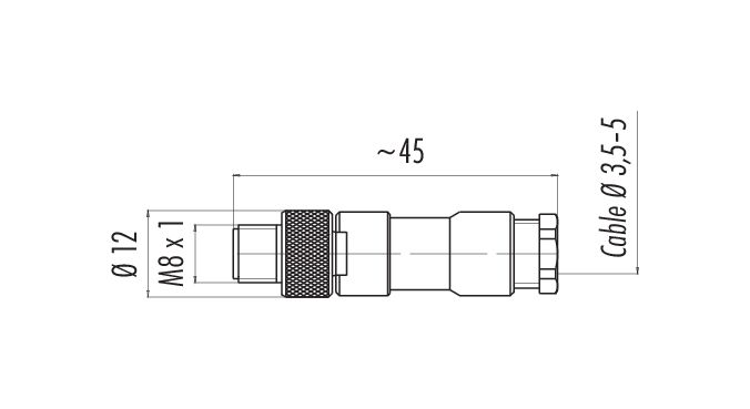 Scale drawing M8 Male cable connector, Contacts: 3, 3.5-5.0 mm, unshielded, solder, IP67, UL 2238