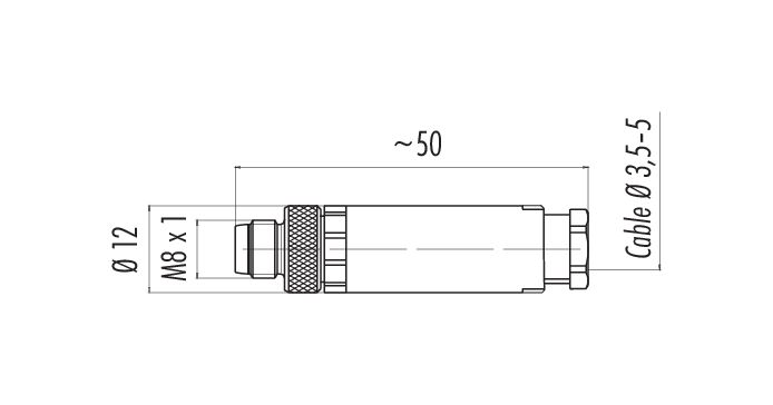 Scale drawing M8 Male cable connector, Contacts: 3, 3.5-5.0 mm, unshielded, screw clamp, IP67, UL 2238