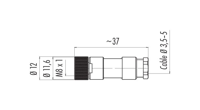 Scale drawing M8 Female cable connector, Contacts: 4, 3.5-5.0 mm, unshielded, solder, IP67, UL 2238