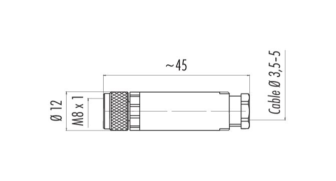 Scale drawing M8 Female cable connector, Contacts: 3, 3.5-5.0 mm, unshielded, screw clamp, IP67, UL 2238