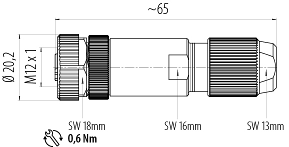 Scale drawing M12 Female cable connector, Contacts: 4, 5.0-8.0 mm, shieldable, screw clamp, IP67, UL 2238, iris spring