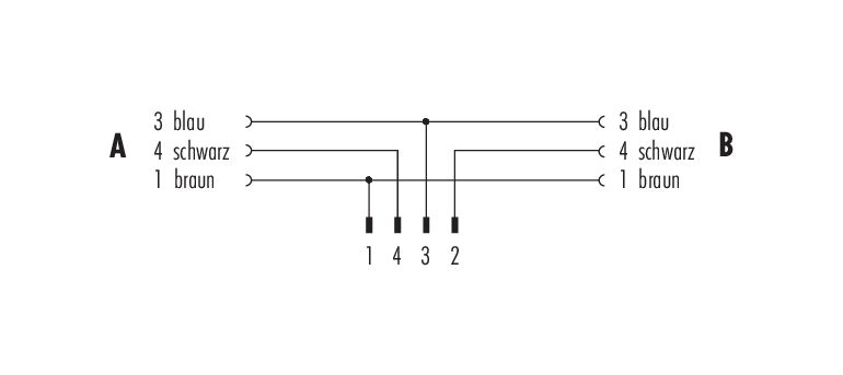 Pin assignment plans M8 Male cable splitter - 2 female cable connectors, Contacts: 4/3, unshielded, moulded on the cable, IP67, UL 2238, PUR, black, 3 x 0.34 mm², 1 m
