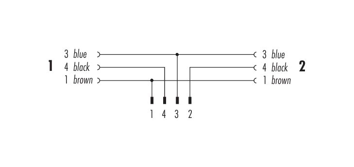 Pin assignment plans M12 Male cable splitter - 2 female cable connectors, Contacts: 4/3, unshielded, moulded on the cable, IP68, UL 2238, PUR, black, 3 x 0.34 mm², 2 m